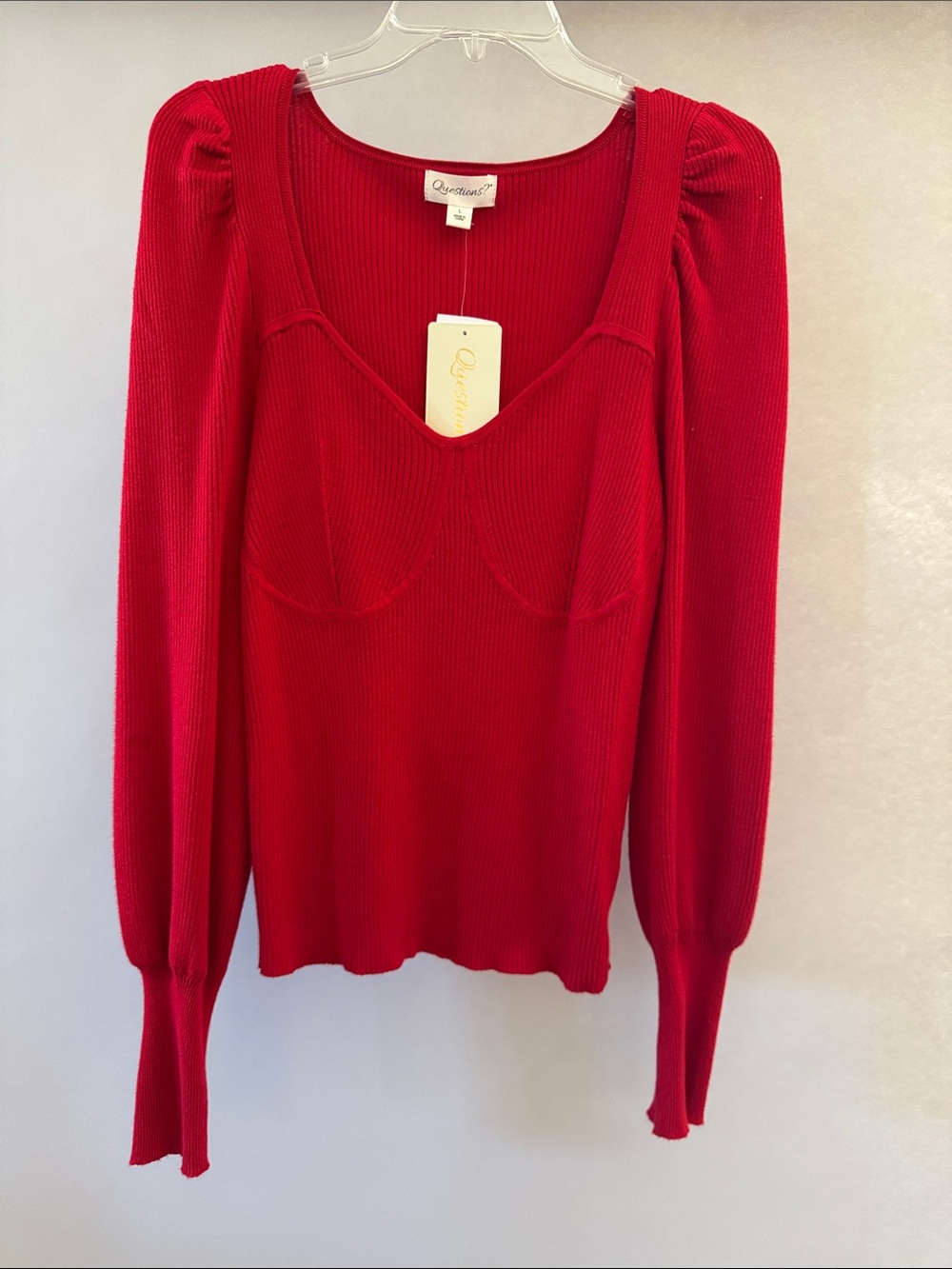 Questions Red Ribbed Long-Sleeve Sweetheart Knit Top